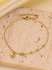 1 件不锈钢串珠心形脚链首饰，日常配饰礼物（无礼盒）