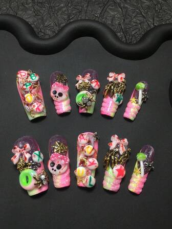 10-Piece Y2K Style Pipe-Shaped Fake Nail Set - Handmade, Integrating The "Sweet And Gloomy" Aesthetic. It Takes Sweet And Cool Colors Like Pink, Fluorescent Green, And Purple As The Base, Combining Halloween Eerie Elements Such As Skulls, Spiders, Spider Webs, And Eyeballs With Sweet Elements Like Bows, Lollipops, And Colorful Letter Beads.