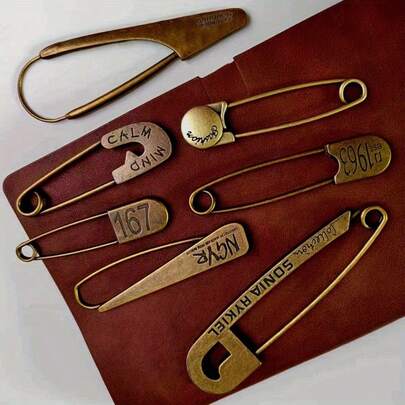 7pcs Vintage Safety Pins, Durable Copper & Zinc Alloy Retro Letter Pins | Decorative Shawl Pins For Clothing, Crafts, And Single-Hole Shoes | Assorted Designs With 'CALM,' 'DIGNITY,' 'SACRificiality' Messages & Big Button