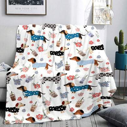 1 pieza Nueva manta con estampado de perro salchicha de moda, impresión digital moderna, fibra de poliéster suave y cálida | Perfecta para acampar, sofá o viaje, cómoda, ligera, plegable, adecuada para sofá, cama, mecedora, chal de oficina, mejor opción de regalo