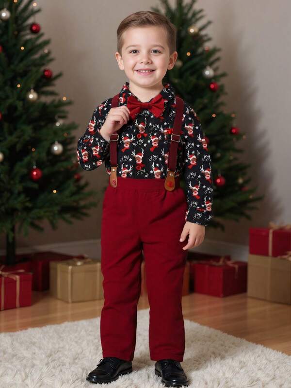 BOARNSEORL 2pcs Young Boys Gentleman Outfit, Christmas Deer Print Long Sleeve Top With Bow Tie And Suspender Pants, Fashionablntic For Birthday Party, Gathering, Christmas