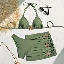Set de 3 piezas Bikini con estampado de estrella de mar con escote halter, espalda con lazos y volantes, sexy y sin espalda para vacaciones en la playa en verano - Verde - Ver 7