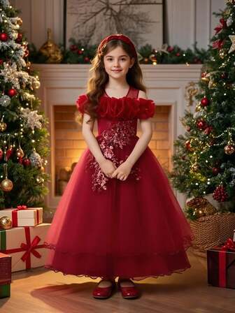 女童单肩花卉刺绣伴娘礼服