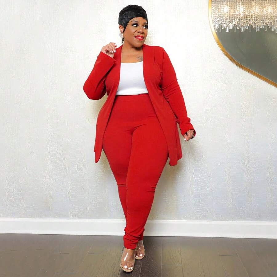 Plus Size Women's Classic-Color Long Sleeve & Trousers 2-Piece Set - Stretch Office Wear Elegant Suit Work & Daily Commute,Five Colors Are Available To Choose From.Please Check Size Chart Before Purchasing.Plus Size Fall Clothes Women,Plus Size Women Clothes,Vestidos Elegantes De Mujer,Western Wear Women Plus - 紅色 - 查看 1