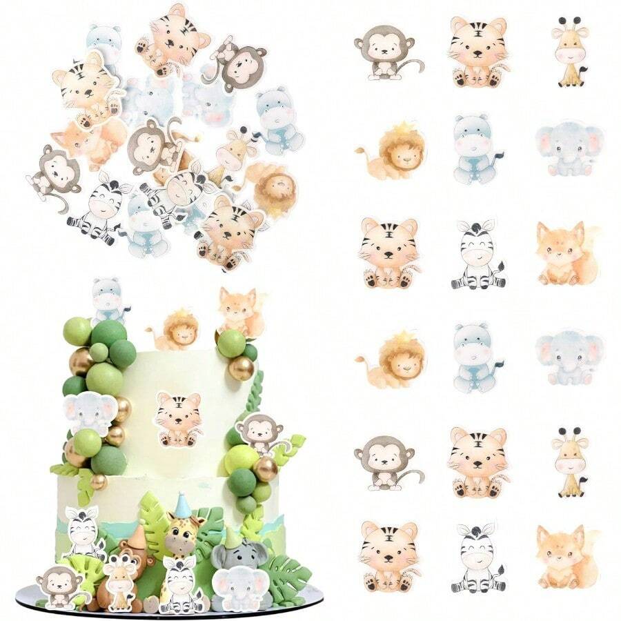 D70 PCS Edible Jungle Animal Theme Cupcake Toppers Animals Birthday Cake Decorations Edible Jungle Animals Cupcake Picks For Animals Theme Baby Shower Birthday Party Plies - 設計1 - 查看 1