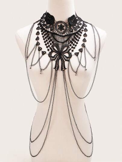 1pc Black Lace Trim Bikini Body Chain Necklace, Sexy & Fashionable Beach Accessory For Women