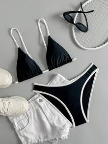 泳装两件套休闲可爱优雅性感波西米亚风系带比基尼沙滩度假春夏女士套装沙滩装 - 黑與白 - 查看 4