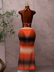 Ensemble de bikini femme d'été avec imprimé tie-dye, style ras-du-cou sexy, avec cache-maillot et jupe - Multicolore - Voir 10