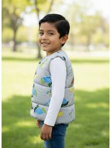 Chaleco niño casual infantil estampado dinosaurio acolchado ligero color sólido ajuste  cuello redondo sin mangas otoño invierno uso diario chaleco - Gris - Ver 2