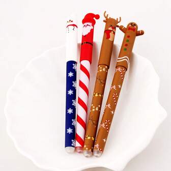 1 pieza/4 piezas Bolígrafo neutro borrable con temática navideña, con diseños de reno, hombre de jengibre, Papá Noel, bolígrafo borrable de moda, bolígrafo mini de colores de dibujos animados ideal como premio estudiantil o artículo de papelería creativa