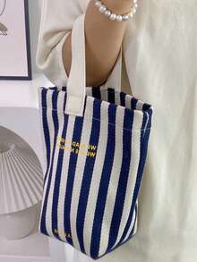时尚条纹女士小手提包，休闲帆布小包，轻便可折叠小方包，黑色字母个性设计，可装钥匙、水瓶、手机及个人物品，适合外出、散步、携带宠物 - 寶藍色 - 查看 4