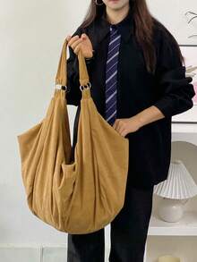 Große Kapazität einfarbiges Muster Schultertasche, weicher Cord Stoff, Damen Umhängetasche, lässige vielseitige Shopper Tasche, geeignet für Arbeit, Studium, Reisen