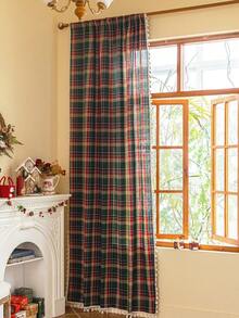 1 perdea în carouri verzi țesute în culorile Crăciunului, stil britanic vintage, țesătură periată, decor cu franjuri, lavabilă, buzunar pentru tijă, filtrare a luminii, separator de cameră, perdea scurtă de bucătărie, decor pentru casă, decor de Anul Nou, potrivită pentru dormitor, living, birou, sufragerie, balcon, petrecere de sărbători, decor de toamnă, decor de Anul Nou, decor de Crăciun, Crăciun fericit
