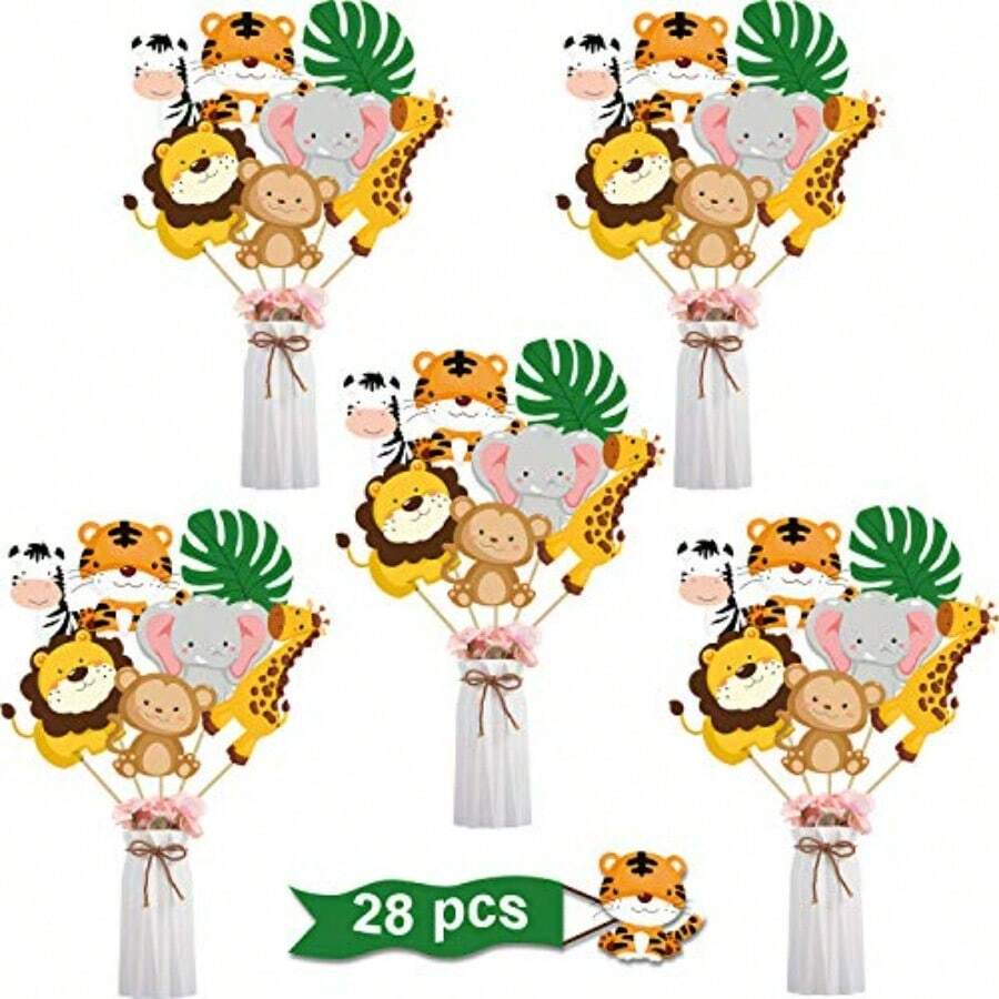 D28 Pieces  Party Decorations Jungle Birthday Party Sticks Jungle Animal Cutouts Centerpiece Forest Wild Animals Toppers For Table Decorations Baby Shower - 如圖 - 查看 1