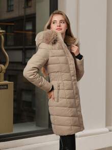 Women's Long Puffer Coat With Faux Fur Hood - Warm Winter Jacket. Style And Functionality. - Khaki - View 3
