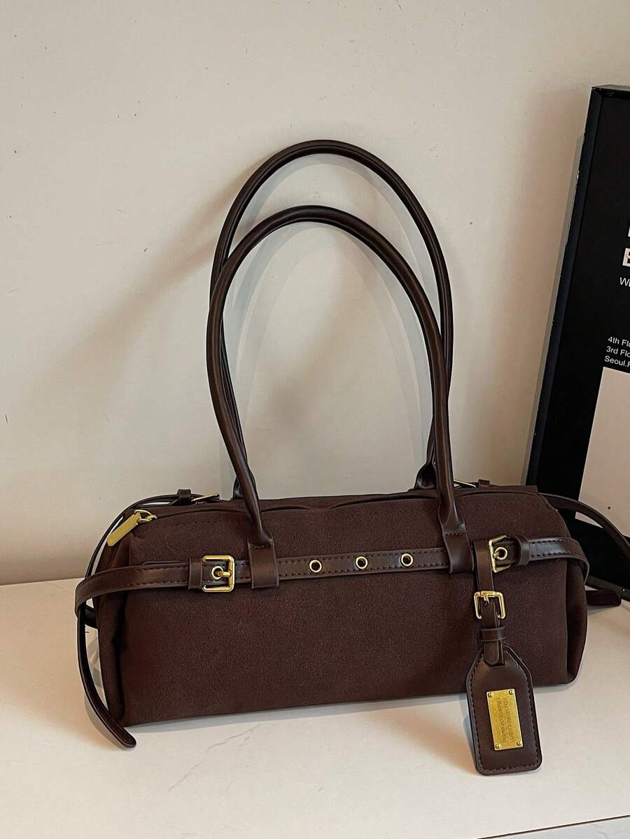 1pc Fashionable PU Commuter Bag, Minimalist Solid Color Vintage Style Casual Shoulder/Underarm Bag For Women, Autumn/Winter - Coffee - View 1