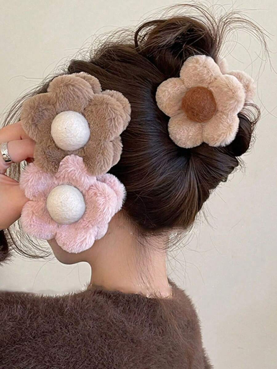 1/3 peças de garras de cabelo de flores de pelúcia femininas, garras de cabelo de flores fofas, acessórios de cabelo de outono da moda, adequados para festas, presentes de ano novo, presentes para a família, lindos acessórios de cabelo, grampos de cabelo da moda, elegante grampo de garra, bolsa de cabelo de inverno