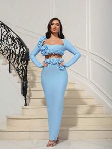 Floral Slit Sexy Long Sleeve Bandage Party Dress