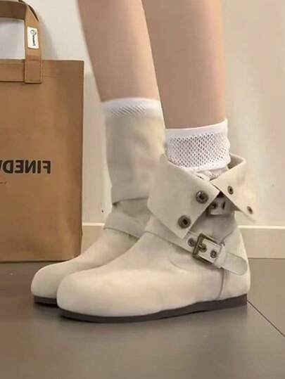 秋冬新款小号隐形增高靴，复古英伦风可折叠双向踝靴，皮带扣铆钉百搭叠层踝靴