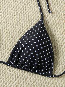 Set de 2 piezas de bikini con cuello de halter, estampado de lunares y volantes en la Bottom, adecuado para la playa - Negro - Ver 5