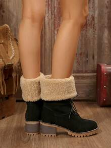 Wintermode Damen High-Heel Stiefel mit dickem Absatz und runder Zehenkappe, mit Schaftrohr und wärmender gepolsterter Fütterung, Fellstiefel - Schwarz - Übersicht 6