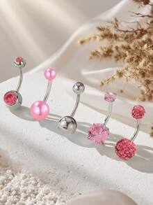 5pcs/Set Zirconia Inlaid Short 14G Stainless Steel Navel Piercing Rings, Suitable For Daily Wear By Men And Women