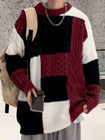 男士休闲拼色长袖毛衣，