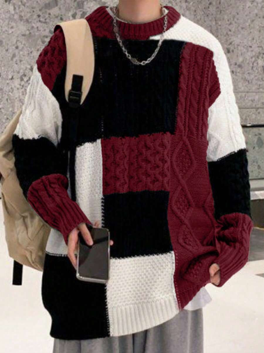 Herren Lässig Farbblock Patchwork Langarm Pullover - Rot - Übersicht 1