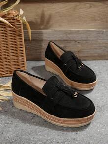 1pc Women's Slip-On Loafers, Thick Sole Retro Casual Shoes, Solid Color, Suitable For Spring/Autumn, Home & Outdoor - Black - View 6
