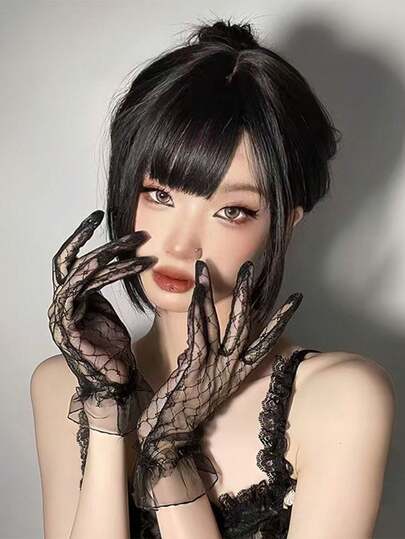 Polyester Tulle Lace Gloves For Bridal, Performances, Wedding Celebrations, Short Net Style, Black