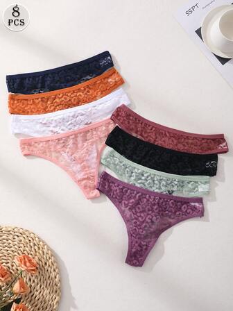 8 PCS Women's Leopard Lace Thong Sexy Low Waist Panties Comfortable And Breathable Lingerie Underwear
