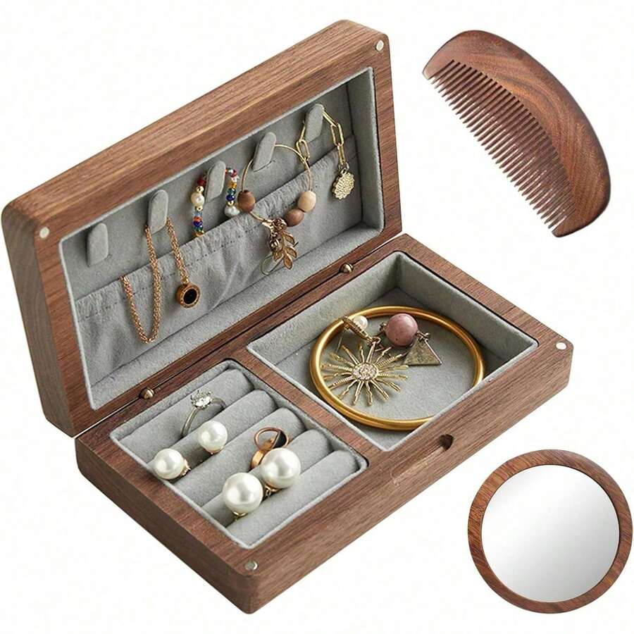 3 Piece Set Jewelry Organizer, Wooden Jewelry Box With Mirror And Comb For Rings, Earrings, Necklaces Or Birthday Gifts For Women - 預設 - 查看 1