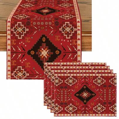 1 caminho de mesa com estampa geométrica, 4 jogos americanos com estampa geométrica, ideal para feriados, festas, aniversários, jantares, decoração de mesas de cozinha e sala de jantar, adequado para todas as estações, decoração têxtil para casa.