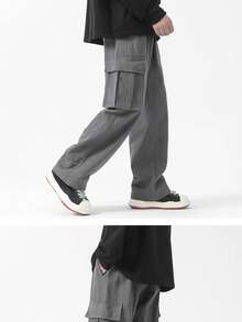 Men's Black Khaki And Beige Skater Cargo Pants With Elastic Waistband - Xám - Xem 2