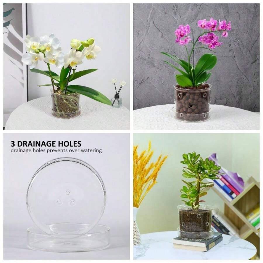 - Macetas de orqudeas con agujeros y bandeja, macetero de vidrio transparente para orqudeas con orificio de drenaje y platillo, maceta de orqudeas para reposicionar, macetas modernas y - 14,73cm + 1 unidad - Ver 1