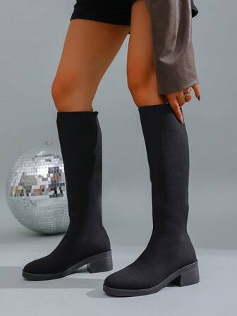 跨境女士中跟修身靴，休闲时尚外套鞋，秋季新品，加大码，尖头高筒袜靴，批发现货直销