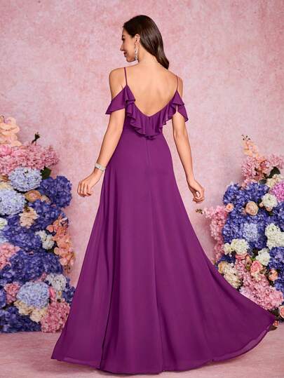 Volly Toych Vintage Classy Bridesmaid Maxi Dress With Draped Chiffon Design Spaghetti Strap Neckline And Ruffle Flounce Sleeves Ideal For Elegant Weddings