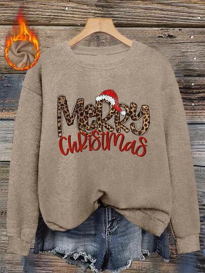 Christmas, Merry Christmas Letters, Leopard Print Print Autumn And Winter Women's Casual Fashion Imitation Wool Tops, Warm Tops, Fall, Winter, Fall Outfits Women, Winter Clothes