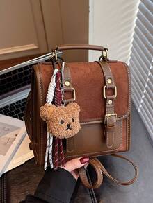 Tas Bahu Desain Niche Serbaguna Gaya Retro Kampus, Ransel Personalisasi Bertekstur Berkualitas Tinggi dengan Kapasitas Besar, Ransel Imitasi Suede yang Indah, Dilengkapi dengan Liontin Beruang Mewah, Cocok untuk Berbelanja, Bepergian, dan Kuliah - Coklat - View 10
