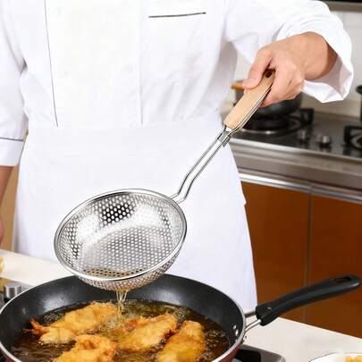 1pc Stainless Steel Skimmer Ladle With Fine Mesh And Wooden Handle, Convenient For Cooking, Straining And Serving - Ideal For Home And Restaurant