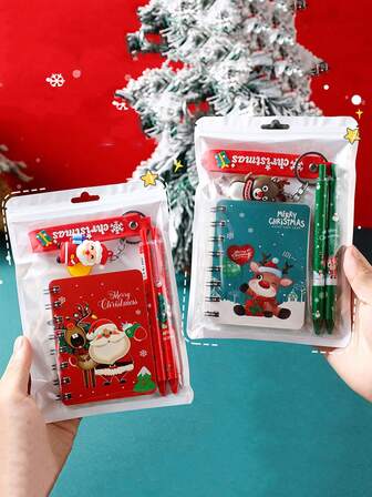 Set de 3 piezas Lindo regalo de Navidad - Incluye bolígrafo de 10 colores, libreta y llavero, adecuado para regalos familiares de vacaciones, recompensas escolares/de aula, decoraciones navideñas