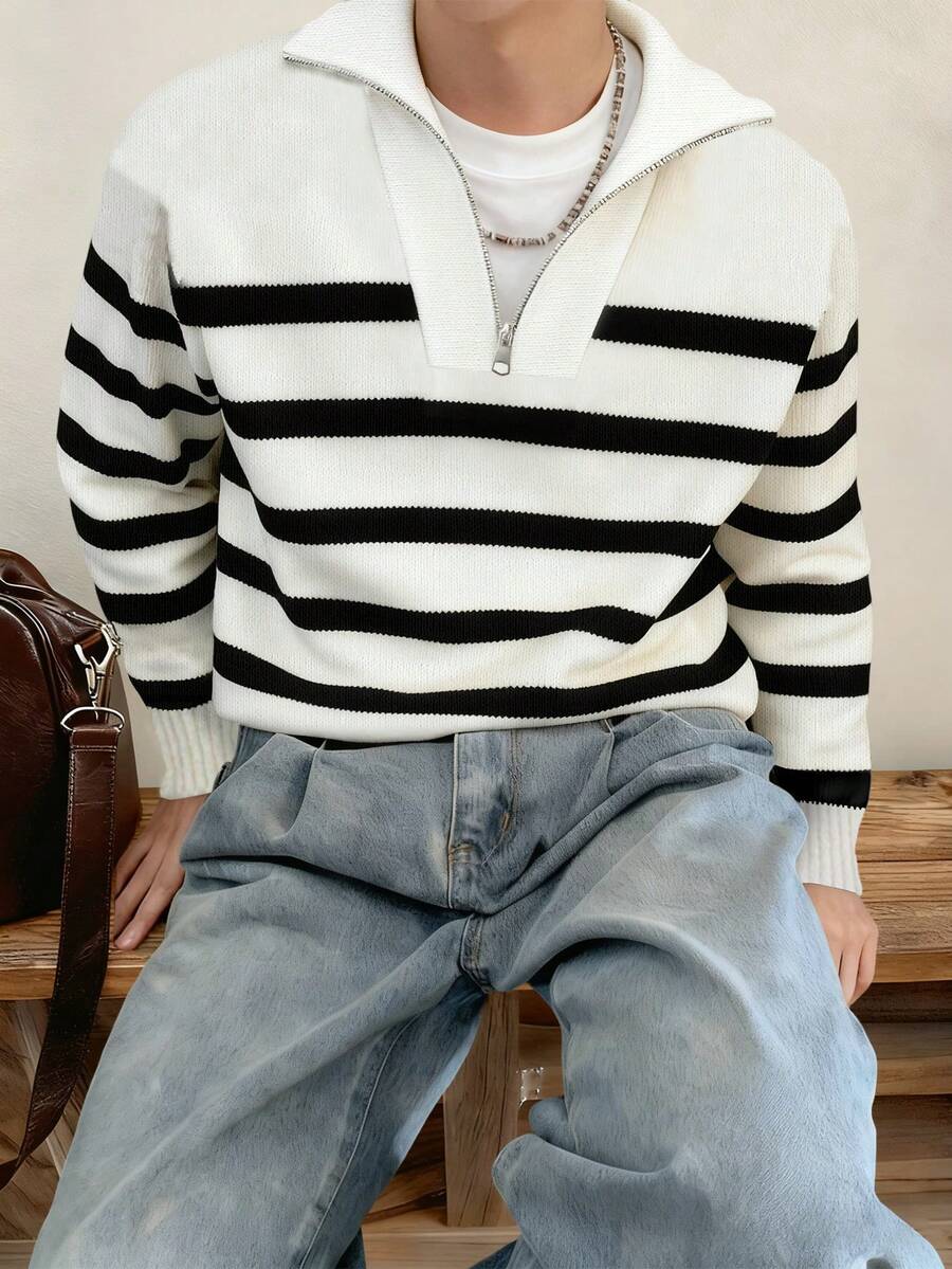 1pc Teen Boys Fashion Versatile Color Block Patchwork Zip-Up Pullover Sweater Knit Top For Spring, Autumn, Winter, Back To School - White - View 1