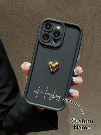 Customized Phone Case, Personalized Tiered Full Screen 3D Gold Heart Text Customized Full Coverage Silicone Lens, Suitable For Samsung/Apple/16promax/15/Xsmax/14/Xs/13xr12pro11 And Other Phone Models