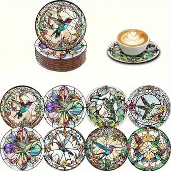 8pcs Hummingbird Painted Glass Pattern Wooden Coasters, Heat Resistant Non-Slip Tabletop Protector Mats, Suitable For Cafe, Office, Kitchen, Dining Room, Decoration Or Personal Collection Gift, 1 Set Of 8