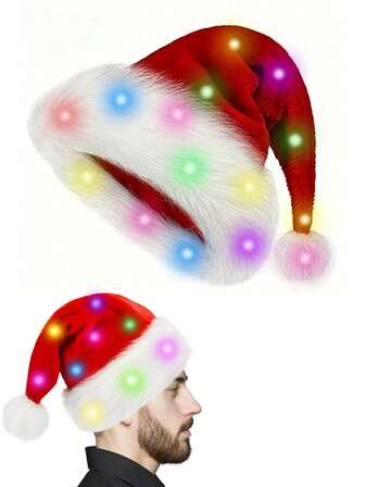 Gorro de Navidad con LED y borlas - Un clásico gorro de Navidad rojo y blanco con luces LED incorporadas, adecuado para niños. Se puede usar para decoración del hogar, juegos de fiesta de Navidad, celebraciones festivas, decoración del árbol de Navidad, decoración de regalos navideños