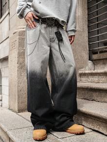 男士四季水洗渐变直筒牛仔裤，长款百搭 Y2K 街头风格牛仔裤，适合送给男朋友/丈夫的礼物 - 黑色 - 查看 5