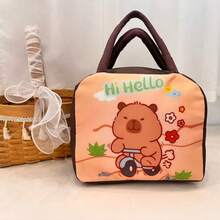 1pc Lunch Bag, 22x19x12cm, Canvas Material, Waterproof Double-Layer Insulation, Capybara, Cat, And Little Dinosaur Designs. Portable Handbag, Essential For Office Workers And Students.