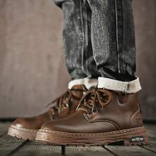 男士纯色休闲靴，侧拉链系带步行鞋，适合各种户外活动，棕色，春/秋/冬街头服饰