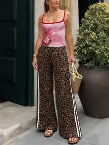 DOUCIU Leopard Print High Waist Loose Wide Leg Pant Casual Street Daily Outfit - Brown - View 5