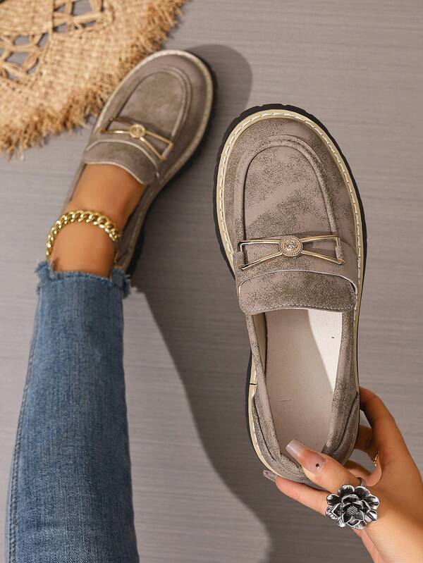 Khaki Leather Loafers For Women, Thick Sole, Metal Butterfly Buckle Decor, -On, Casual College Style, Suitable For Spring, Autumn, All Seasons